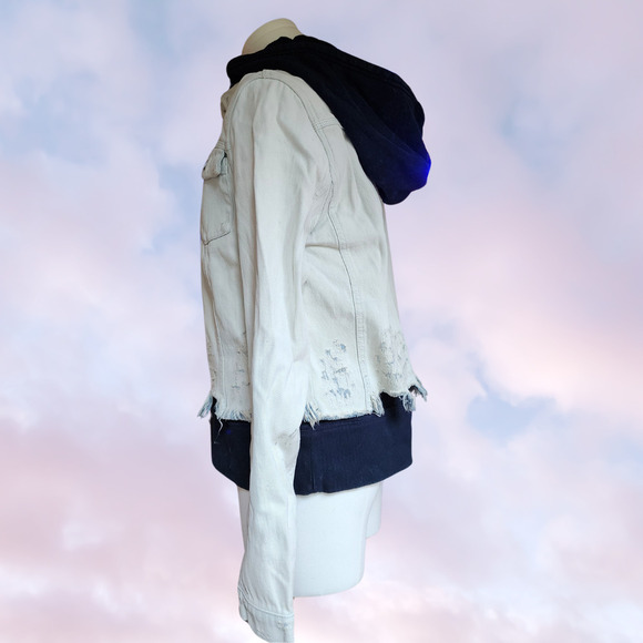 Free People White Black Layered Hoodie Acid Wash Denim Button Up Distressed Sz S - Picture 3 of 8